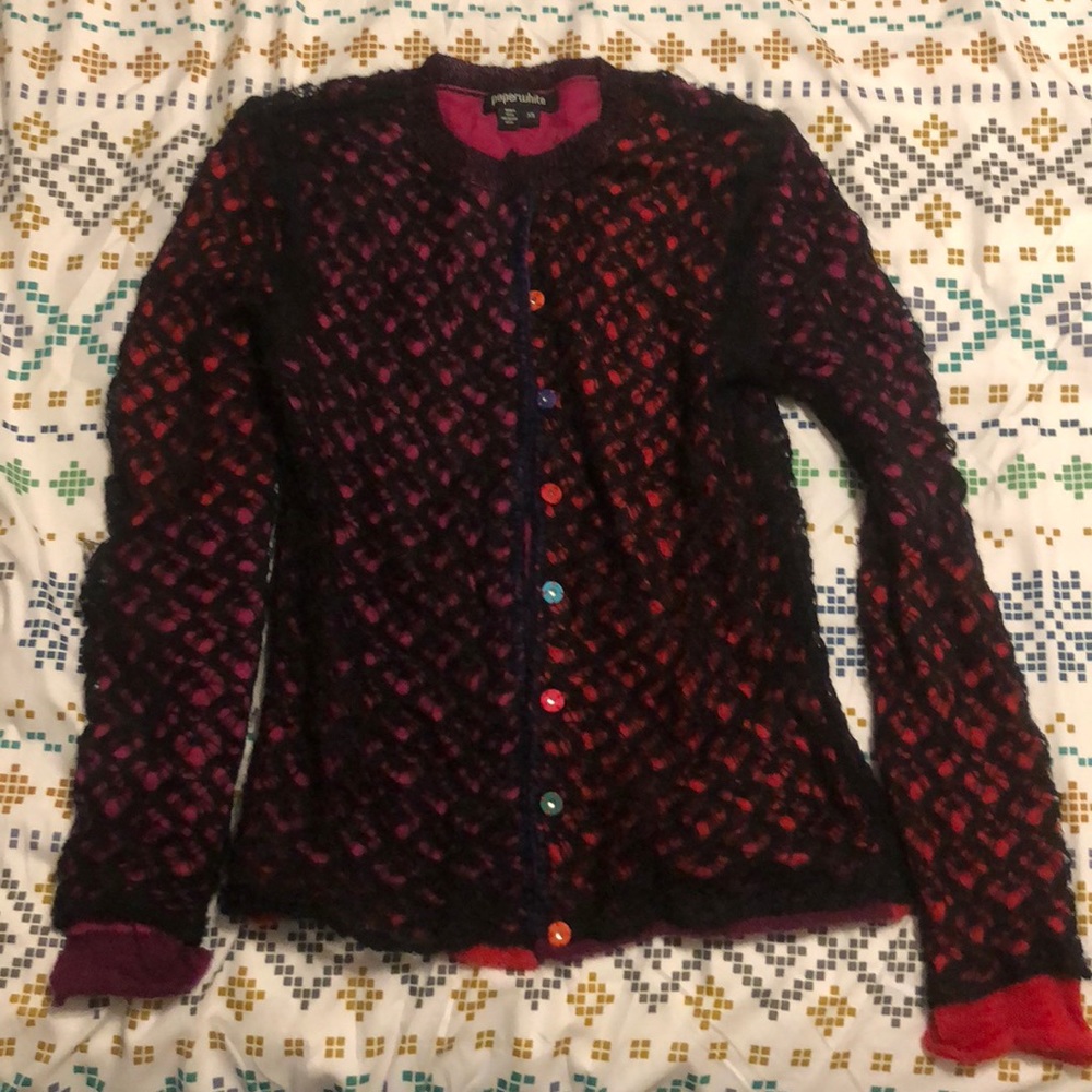 Pink with black lace cardigan sweater